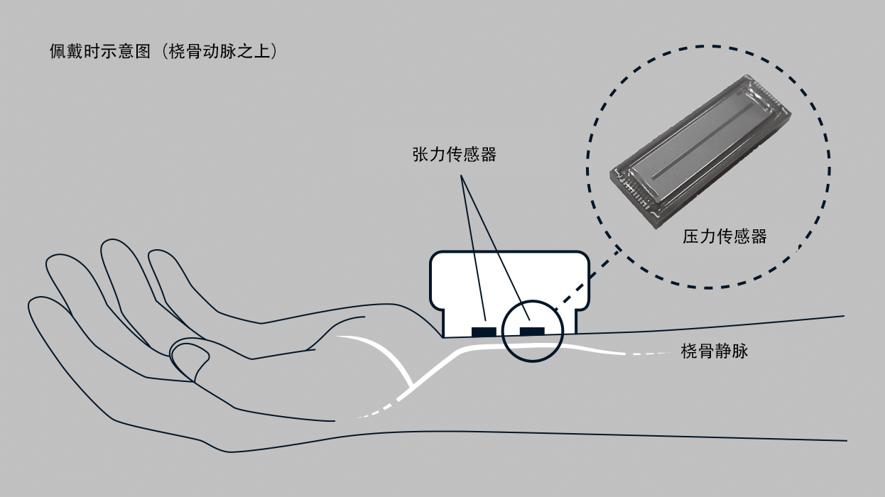 手首に機(jī)器をつけるだけで1拍ごとの血圧を測(cè)定できる、オムロン獨(dú)自の圧力センサー